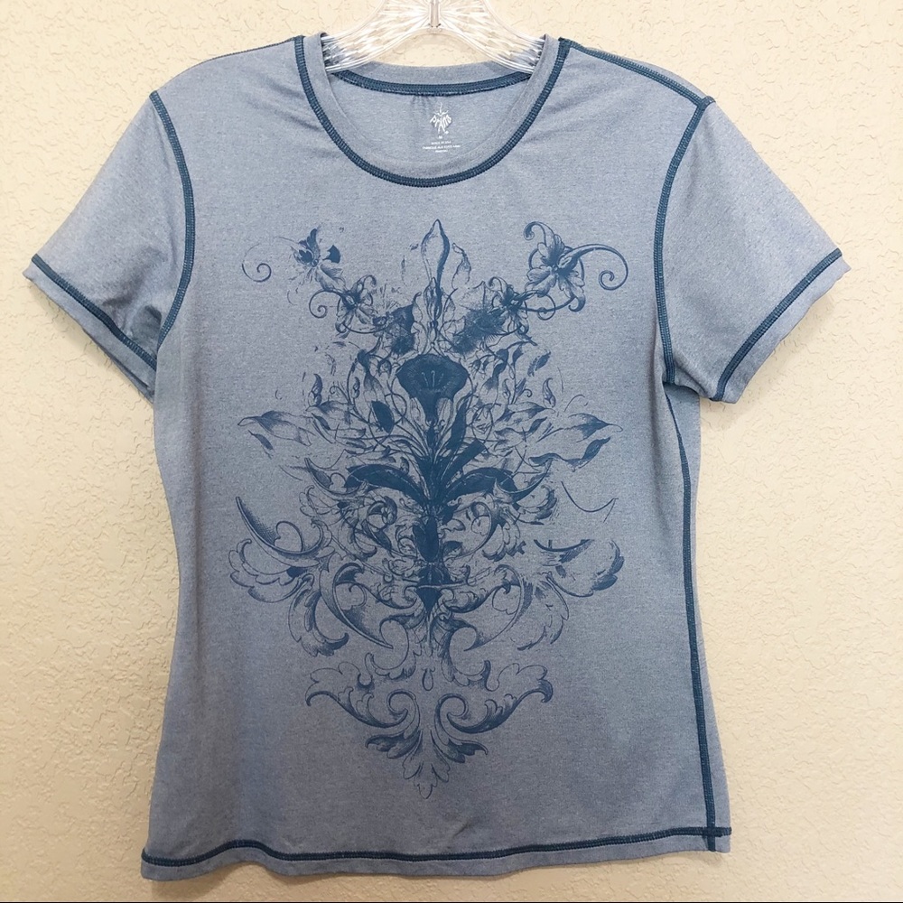 PRANA Blue Floral Short Sleeve Workout Shirt